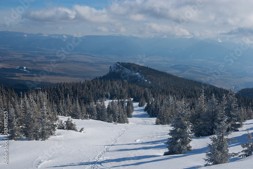 Wallpaper Mural View of snow-covered trees and hills under a blue sky with white clouds, creating a winter wonderland over Mnich, Jamnik, Zilinsky kraj, Slovakia. Torontodigital.ca