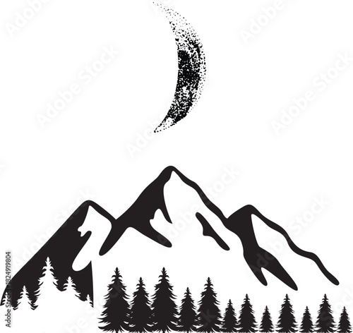 Minimal mountain landscape with crescent moon – black and white nature vector illustration.