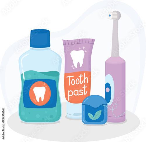 Still life with mouthwash bottle, toothpaste tube, electric toothbrush and dental floss. Illustration with oral care products