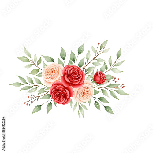 illustration bunch of red and white  roses isolated on white background , stock
