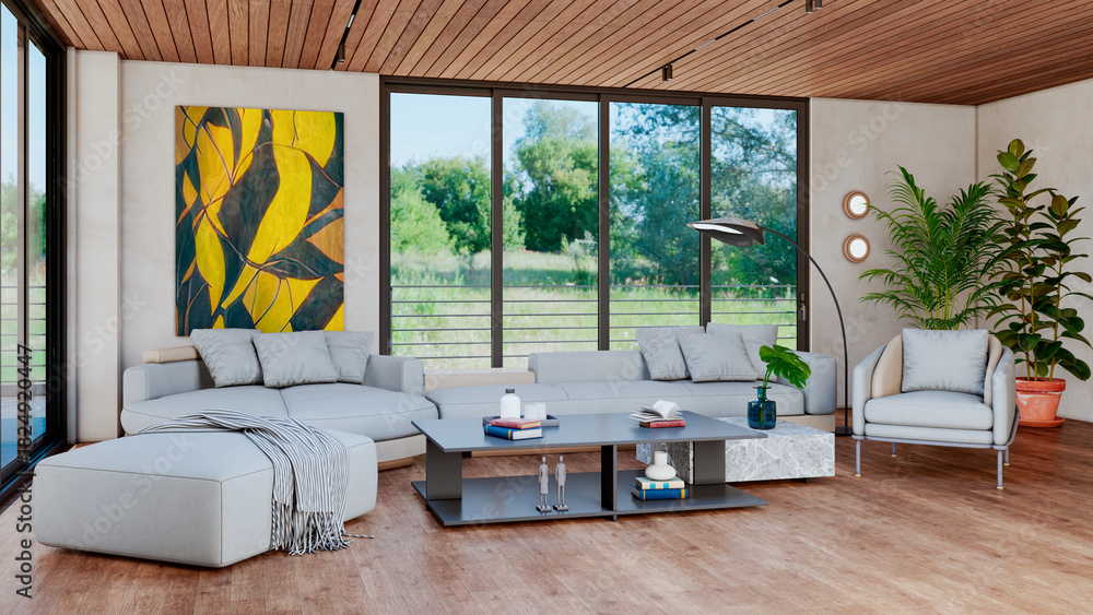 Naklejka premium Large luxury modern bright interiors Living room mockup illustration 3D rendering image