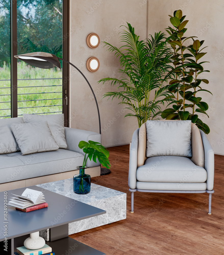 Naklejka premium Large luxury modern bright interiors Living room mockup illustration 3D rendering image