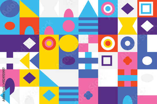 Vibrant abstract geometric pattern with a modern block design featuring an array of colorful shapes and clean lines, perfect for contemporary backgrounds and graphic elements