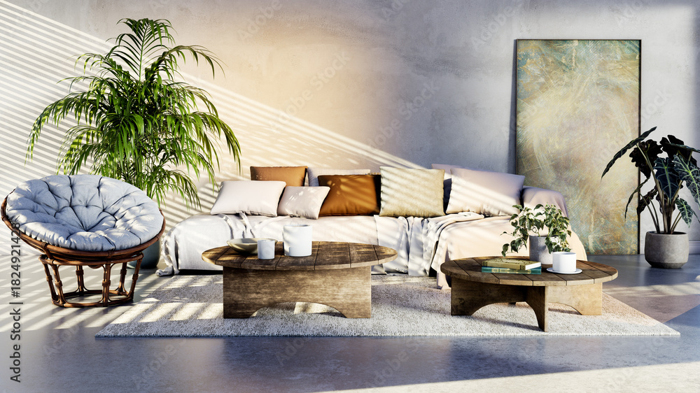 Naklejka premium Large luxury modern bright interiors Living room mockup illustration 3D rendering image