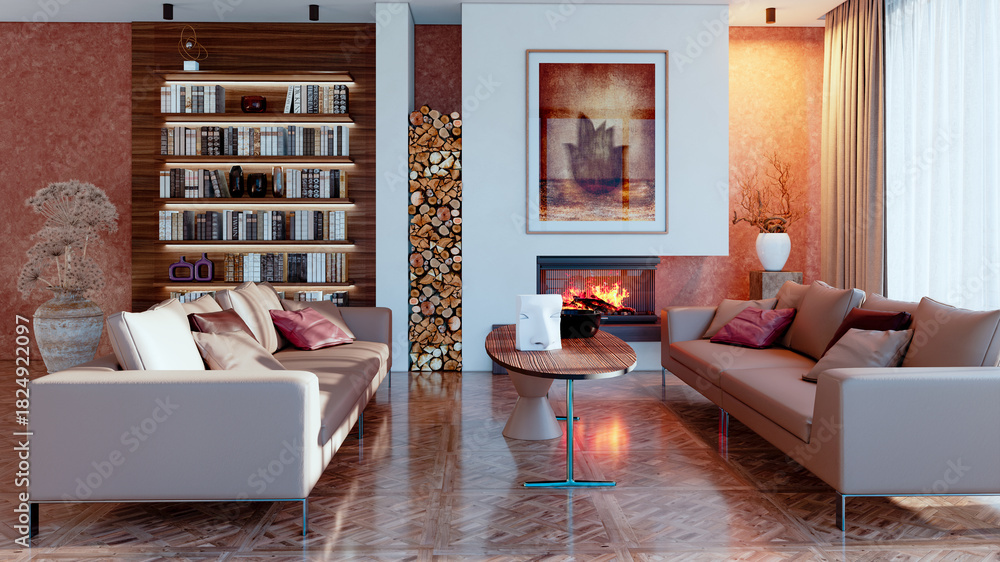 Fototapeta premium Large luxury modern bright interiors Living room mockup illustration 3D rendering image