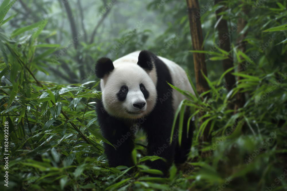 Fototapeta premium panda bear among bamboo thickets