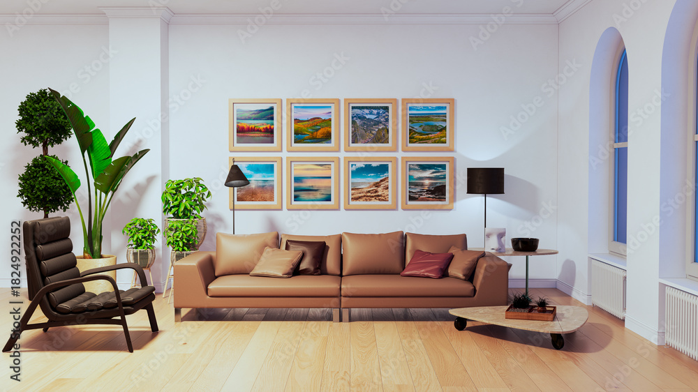 Naklejka premium Large luxury modern bright interiors Living room mockup illustration 3D rendering image