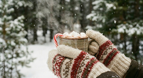 Gloved hands holding steaming hot chocolate in snowy forest
