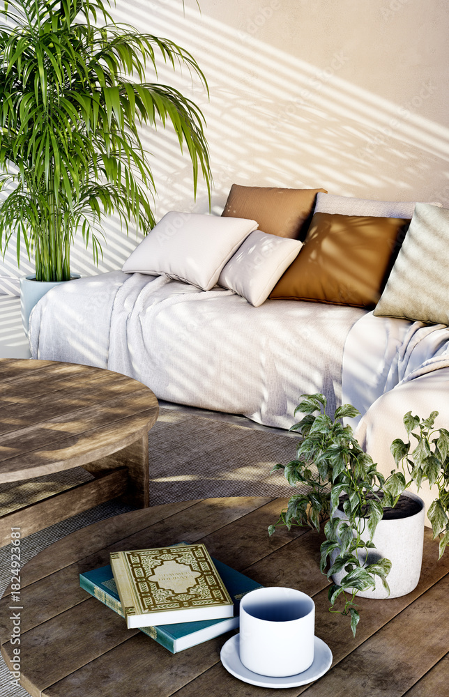 Fototapeta premium Large luxury modern bright interiors Living room mockup illustration 3D rendering image