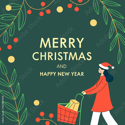 vertical Christmas greeting card banner in paper cut style with tree, candy cane, light bulb, ribbon, snow, star, copy space, decoration, typography and festive holiday background template 