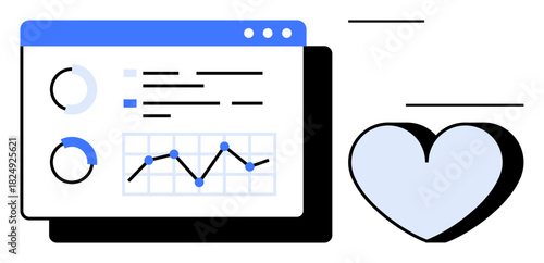 Data dashboard with charts, graphs, and metrics beside a heart. Ideal for analytics, data-driven decisions, health tracking, customer loyalty, emotional metrics, digital tools simple flat metaphor