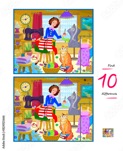 Find 10 differences. Drawing of a seamstress working in her workshop. Logic puzzle game for children and adults. Kids brain teaser book. IQ test for smartest. Hand drawn flat vector illustration.