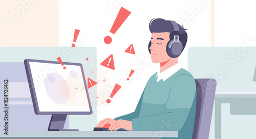 Office worker wearing noise-canceling headphones at desk, stress management and workplace focus in modern office