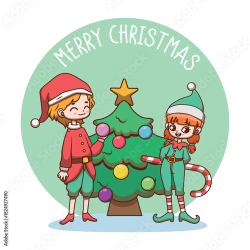 Cute Christmas greeting with elf helpers