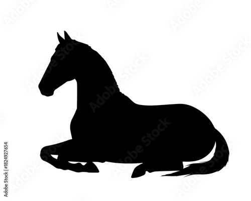 Horse silhouette, side view. Isolated black flat element of lying horse on white background. Vector icon, logo, illustration.