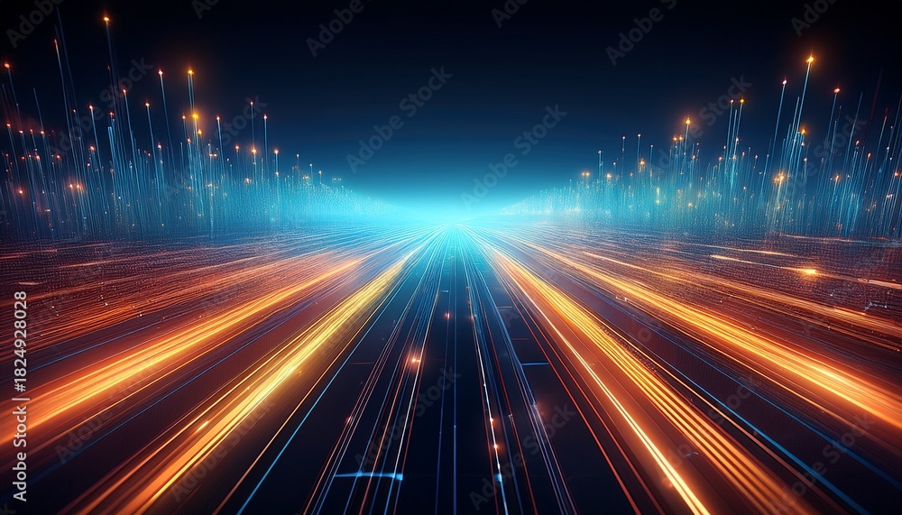 Obraz premium abstract high angle minimalist horizon with glowing fiber optic lines bokeh lights and futuristic digital atmosphere