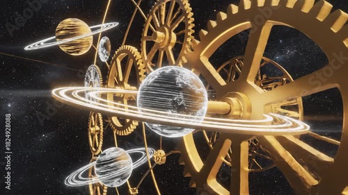 Abstract illustration of celestial spheres and mechanical gears against a dark background