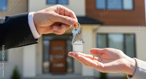 Real Estate Agent Handing Keys to New Owner. real estate agent hand  handing set of house keys to a new owner hand. house keychain is attached. Represents buying home, real estate, ownership, success