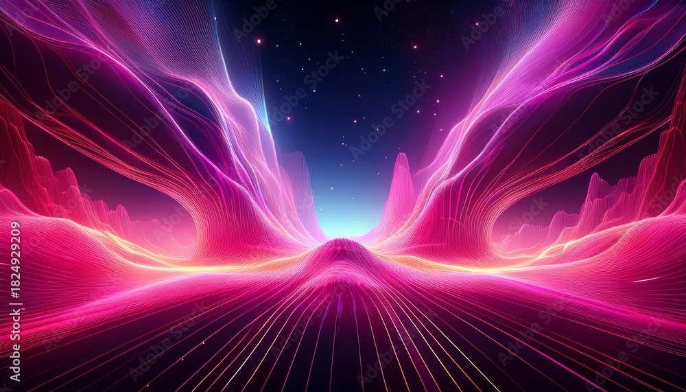 Naklejka premium vibrant abstract cosmic landscape with glowing pink digital waves futuristic terrain and dynamic energy evoking sense of wonder