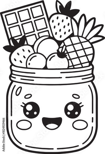 Delightful Fruit Jar: An adorable illustration of a charming jar filled with sweet treats, featuring strawberries, pineapple, chocolate and macarons, is all set for celebration.