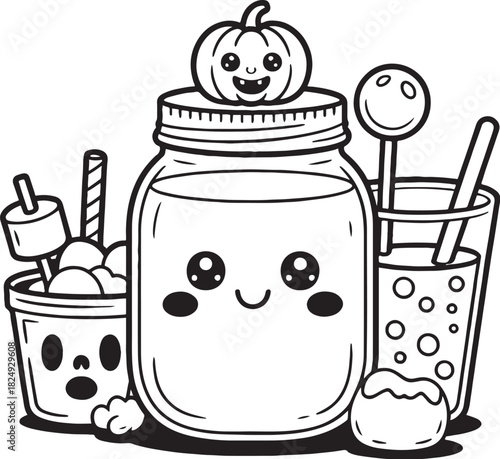 Autumnal Treat Illustration: A charming, outlined illustration of assorted autumnal refreshments, featuring a smiling pumpkin atop a jar and playful character designs. 