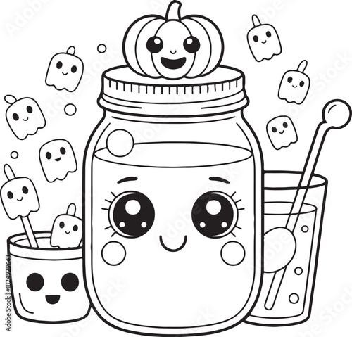 Halloween Charm: A whimsical illustration captures the essence of Halloween with an adorable pumpkin-topped jar brimming with a bewitching beverage, and surrounded by charming ghost marshmallows.