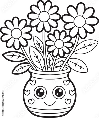 Cute Flower Vase Illustration: A charming illustration depicts a delightful vase brimming with four lovely daisies, exuding a playful and heartwarming vibe.