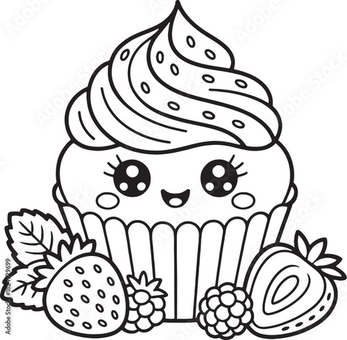 Cupcake illustration: A delightful monochrome illustration of an adorable cupcake, complete with frosting, facial features, and accompanied by fresh berries, ideal for coloring and creativity.