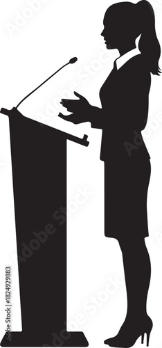 Silhouette vector illustration of a professional woman speaking at a podium with microphone, delivering a public speech or presentation.
