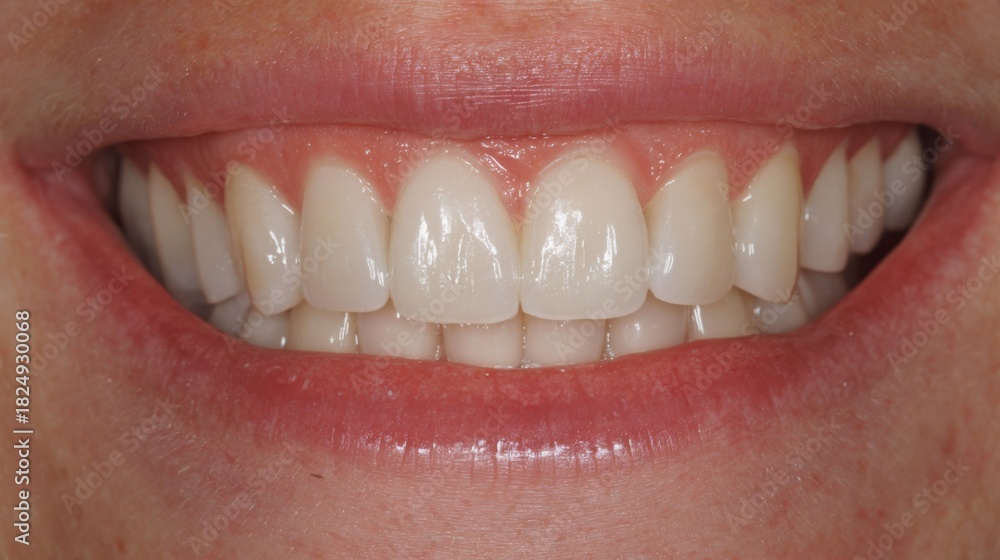 Obraz premium A close-up view of a bright smile reveals well-maintained teeth and healthy gums. The person displays dental hygiene, highlighting their commitment to maintaining oral health.