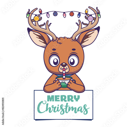 Cute Christmas greeting with a reindeer drinking hot chocolate