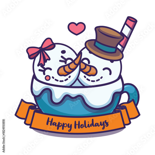Cute illustration with snowmen couple inside a cup