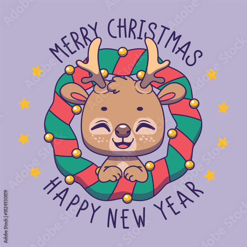 Greeting with a happy reindeer and Christmas wreath