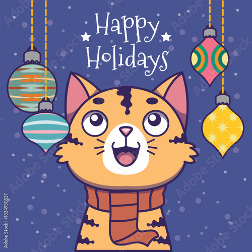 Christmas greeting with an adorable orange cat and colorful ornaments