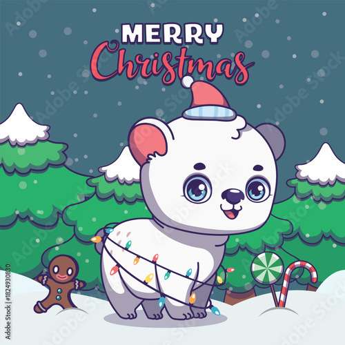 Cute Christmas greeting with an adorable polar bear and snowy background