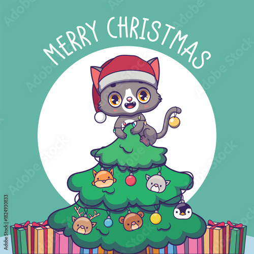 Christmas greeting with a decorated tree and cute gray cat on top