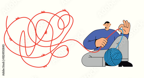 Man untangling chaotic red line into neat blue ball of yarn, problem solving and organization concept illustration