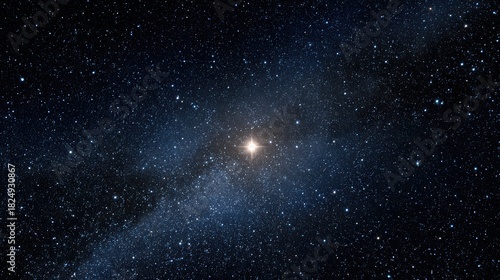starry night sky, a captivating wide-angle view of the dark night sky filled with countless stars, one standout star subtly larger and emitting a warm glow, set against a backdrop of cosmic dust and