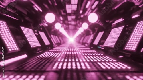 Futuristic Pink Neon Tunnel with Glowing Lights and Geometric Patterns.