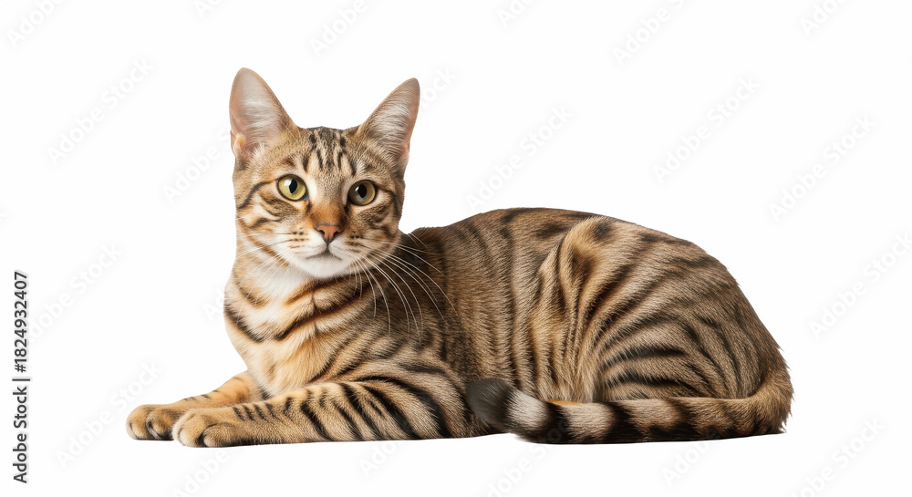 Fototapeta premium Athletic Striped Bengal Feline Relaxed Pose – Isolated on Transparent PNG Background