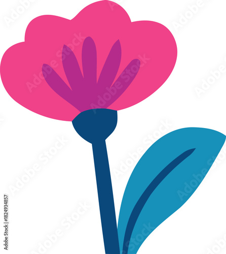 Pink Wildflower with Teal Leaves Vector Illustration
