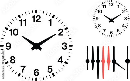 Analog clock illustration showing time, clock hands variations, minute markers, hour numbers, and interchangeable hand set elements for educational design, accuracy, and timekeeping concepts.