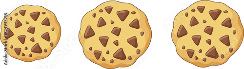chocolate chip cookies with varied chip arrangements for baking, snack-themed, and food-related vector illustration and design projects.
