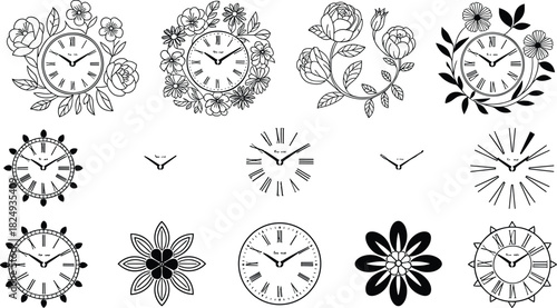 Set of decorative black and white clock illustrations featuring floral, geometric, minimalist, and vintage designs for artistic, ornamental, and time-themed vector content creation.