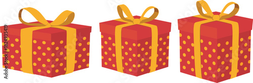Set of red gift boxes with yellow polka dots and ribbon bows for celebration, holiday, and festive vector illustration design projects.