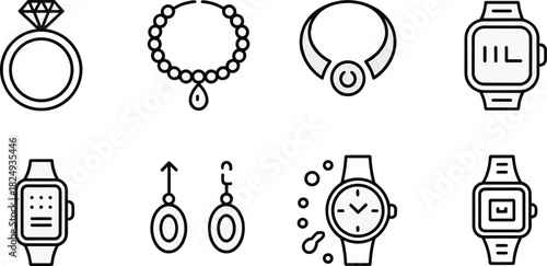 wearable accessory icons including rings, necklaces, watches, and earrings for fashion, jewelry, and smart wearable vector design