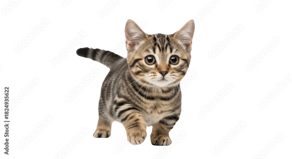 Obraz premium Cute Munchkin Tabby Kitten Walking – Isolated on Transparent PNG Background