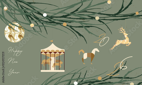 Minimalist New Year 2026 illustration with elegant green pine branches, golden ornaments, carousel with horses, decorative deer and stylish holiday typography. Festive winter banner in luxury aestheti