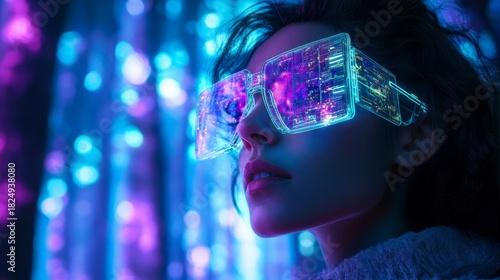 Photo of a person with futuristic blue glasses on a technological background in purple and neon blue generative ai