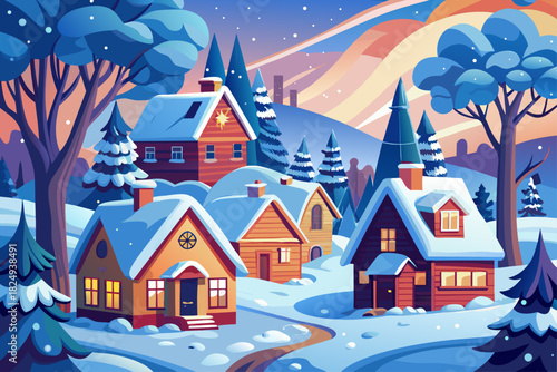 Snow-covered village houses in a quiet winter landscape, cozy seasonal scenery with gentle snowfall, quiet holiday atmosphere, charming architecture and peaceful rural environment.